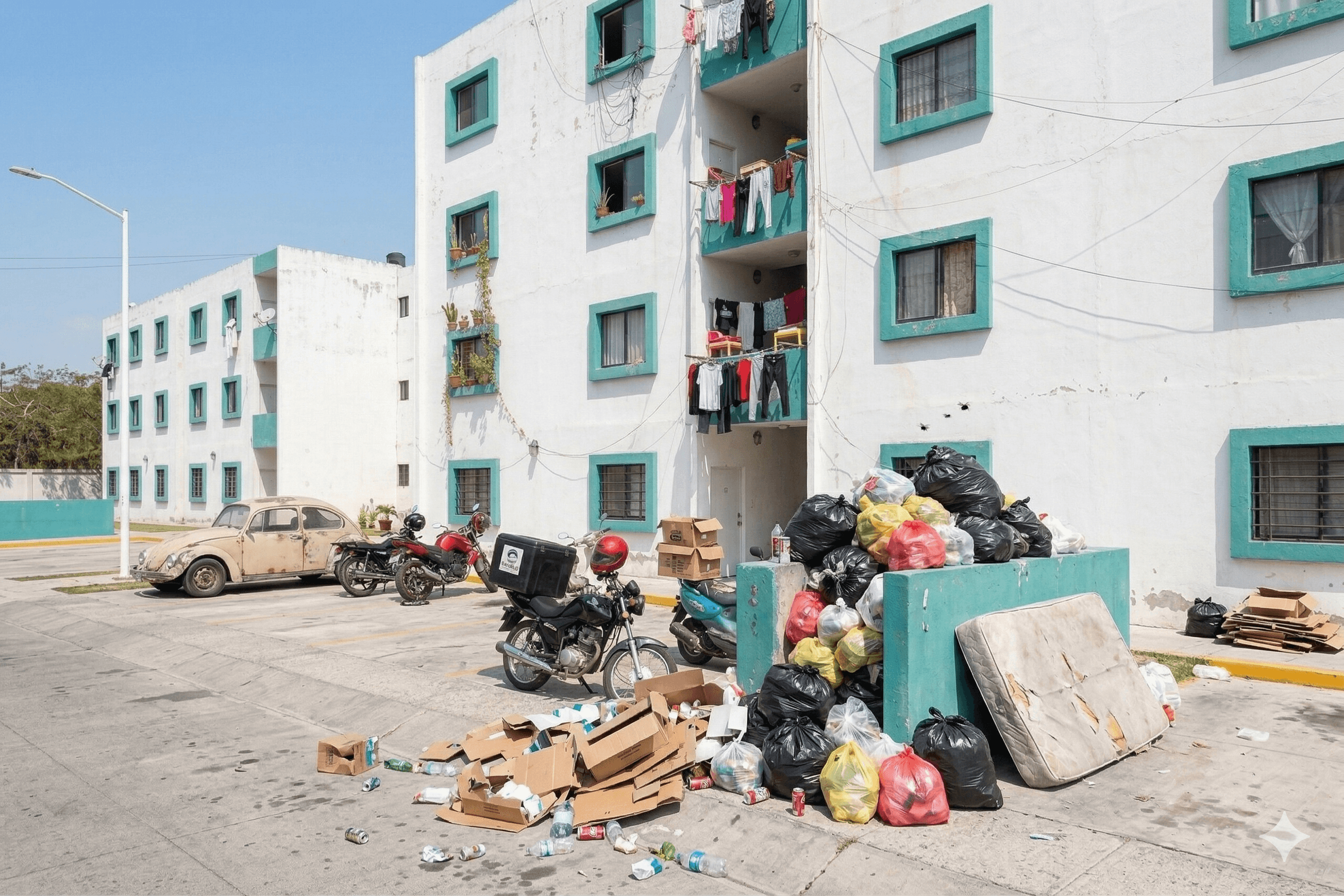 Viviendas del Bienestar después de algunos años - deterioro visible, basura acumulada, paredes sucias